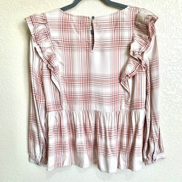 Loft blouse women Beige plaid long sleeve ruffle top size SP - Picture 6 of 8
